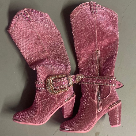 Dolls Kill Shoes - Sheriff Shine high rise pink glitter cowboy boots